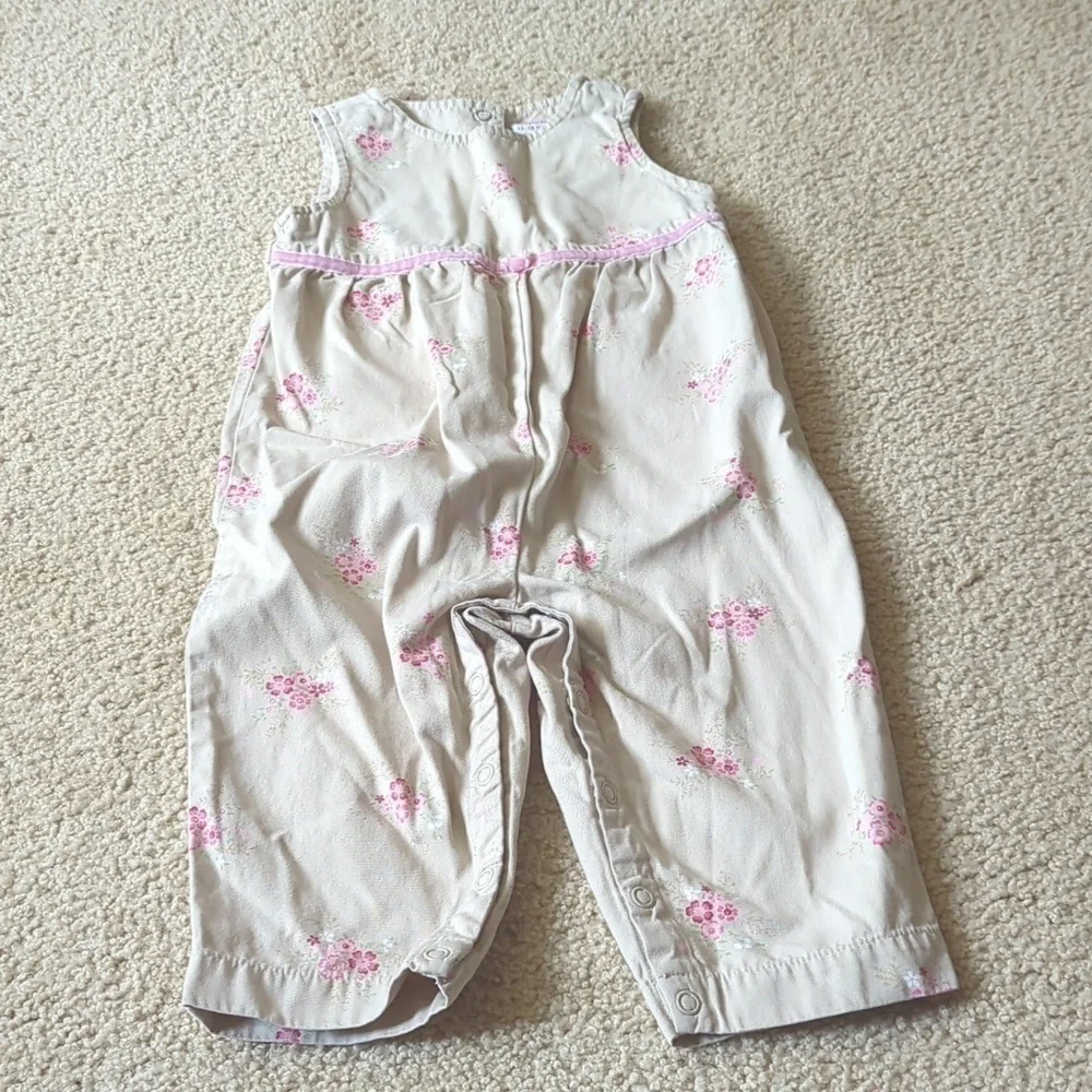 Gymboree Tan with Pink Floral Sleeveless Long Pants Jumpsuit Size 12-18 Months